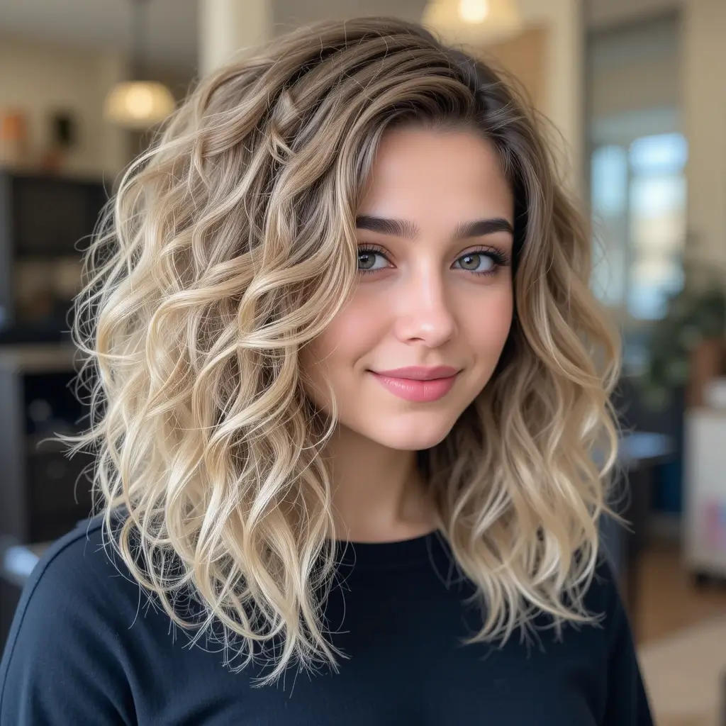 Mid-Length Curly Wolf Cut with Side Part