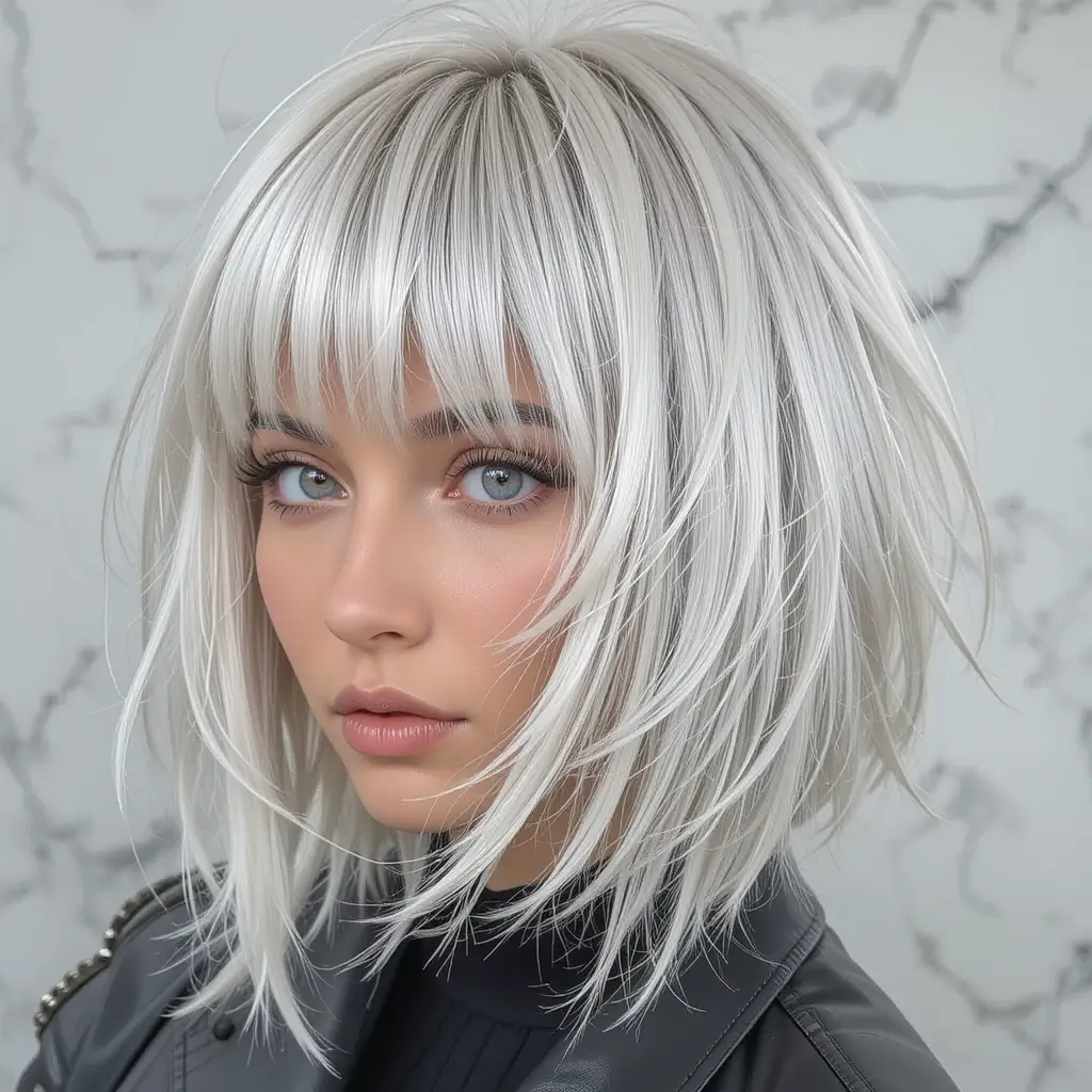 Platinum Blonde Wolf Cut With Choppy Bangs