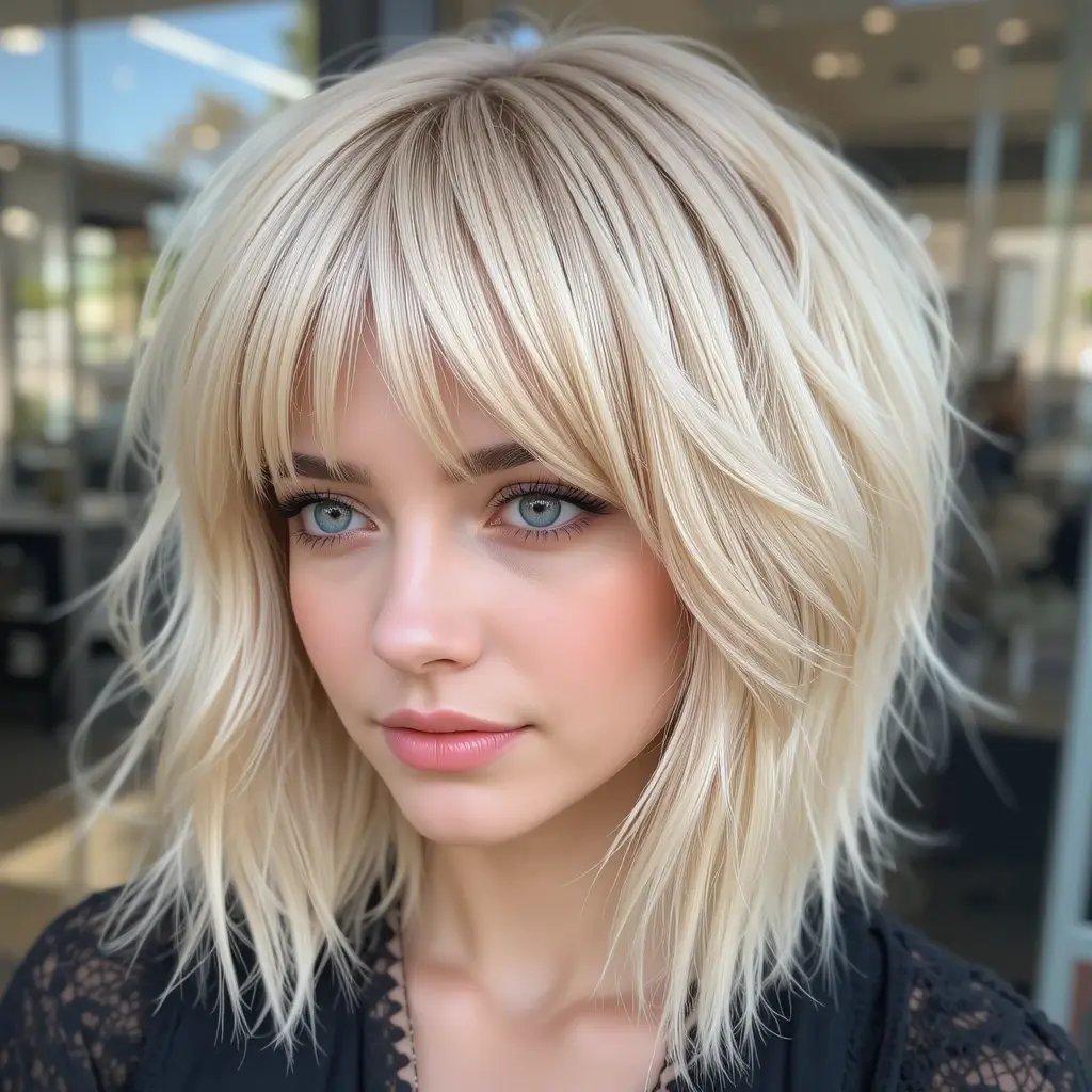 Rooted Blonde Wolf Cut With Angled Bangs