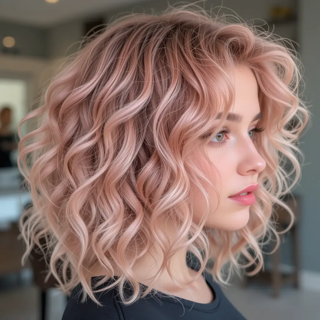Rose Gold Balayage on Curly Lob