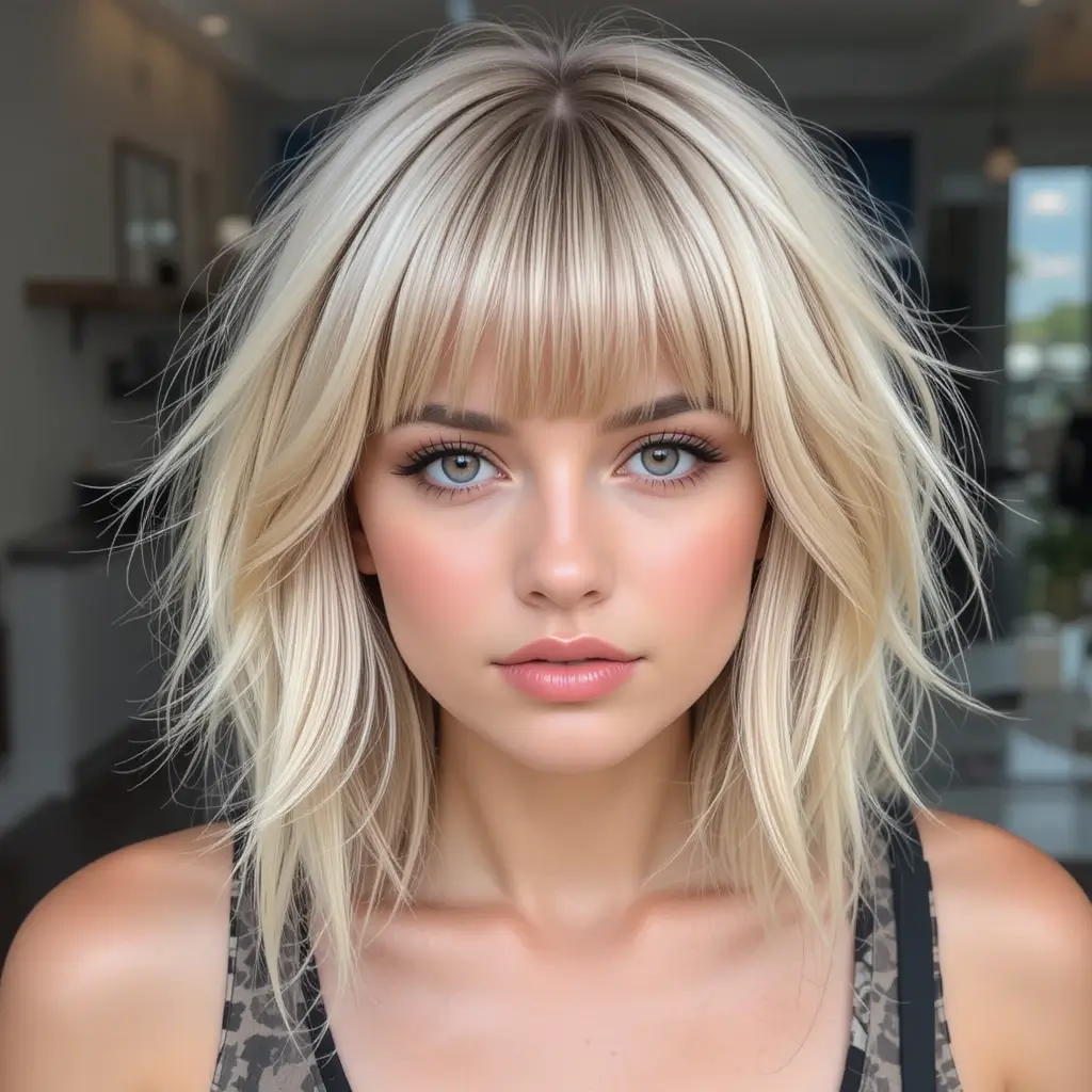 Sandy Blonde Wolf Cut With Blunt Bangs