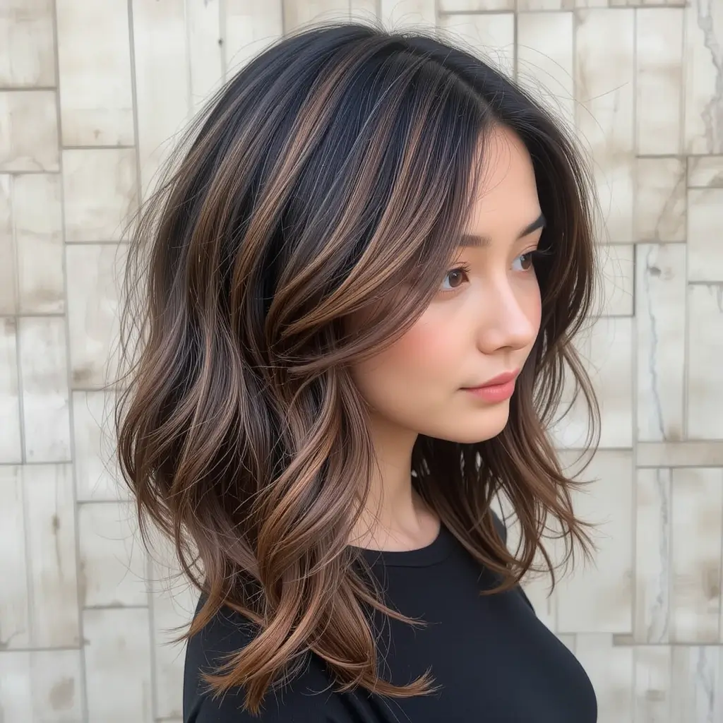 Shoulder Length Black Hair with Maple Brown Highlights