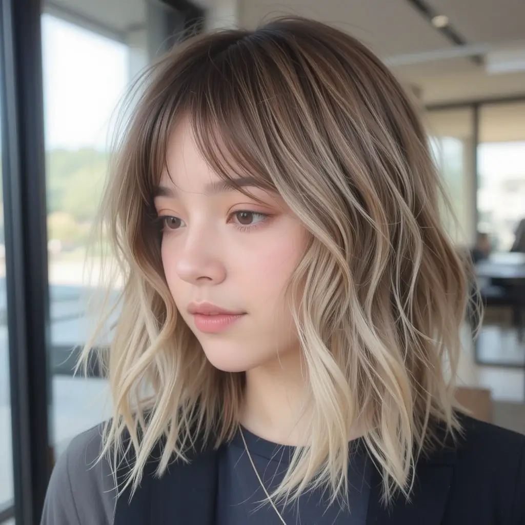 Shoulder-Length Wavy Wolf Cut With Layered Bangs