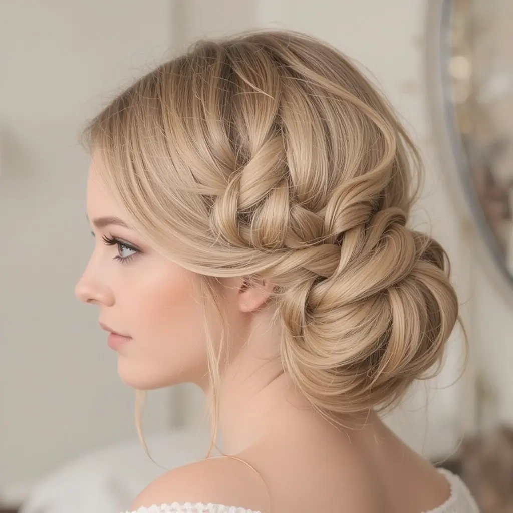 Side Dutch Braid Into Low Bun