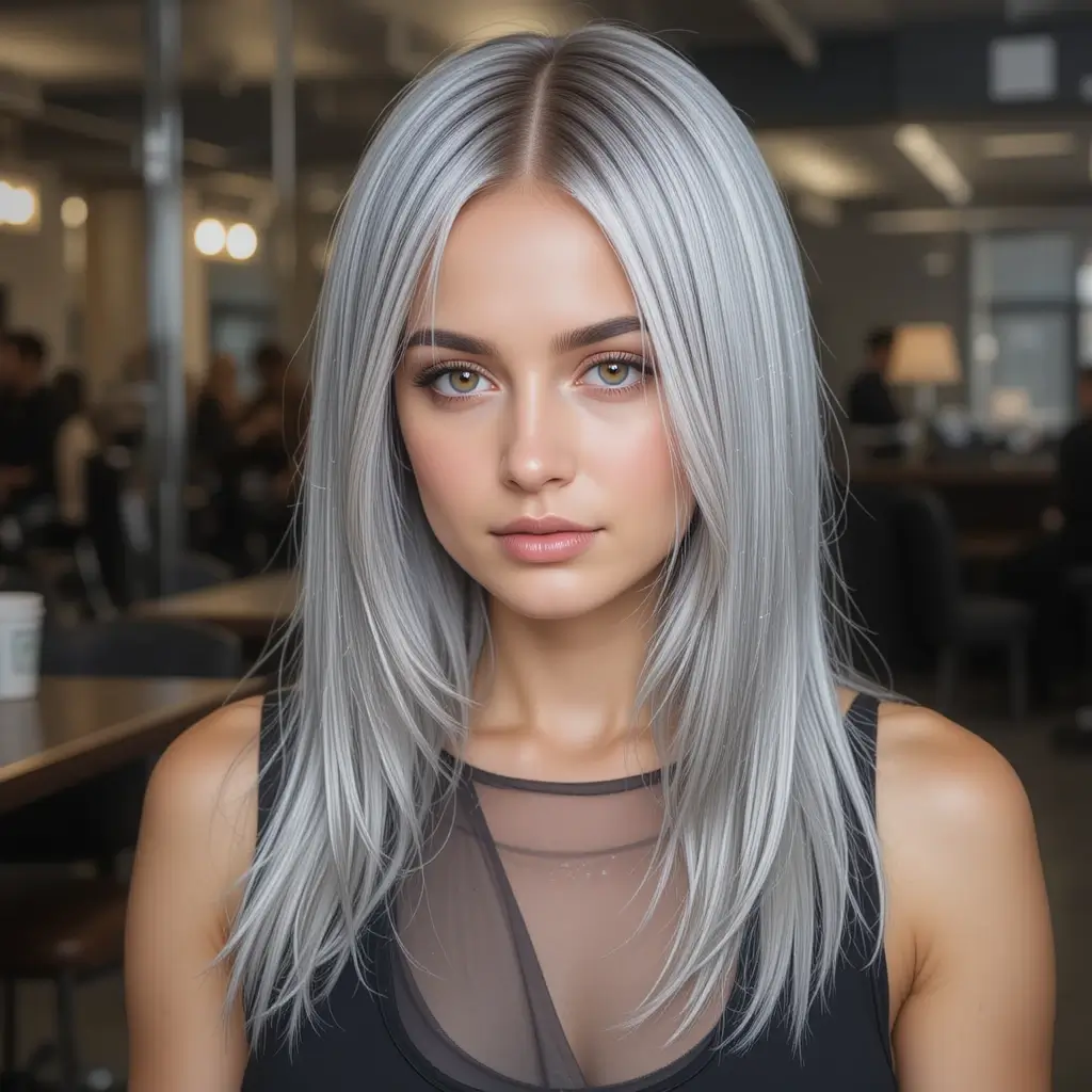Sleek Straight Hair with Chunky Silver Streaks