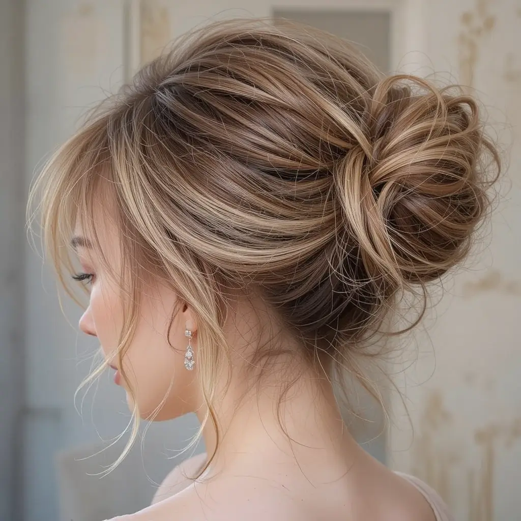 Slicked-Back Bun with Wispy Face Bangs