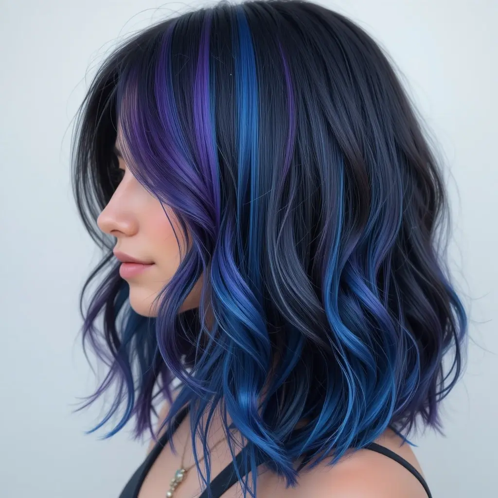 Soft Black Hair with Blue and Purple Peekaboo