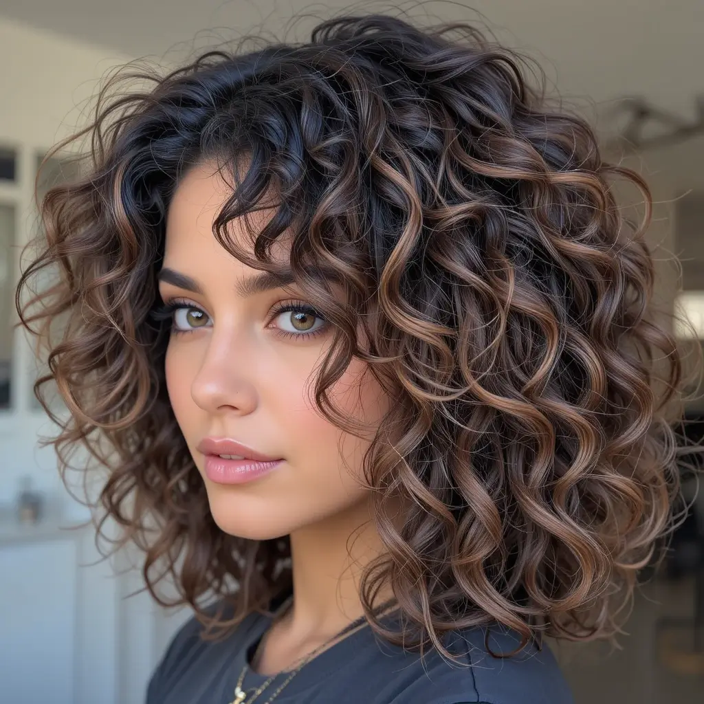 Soft Brown Highlights on Curly Black Hair
