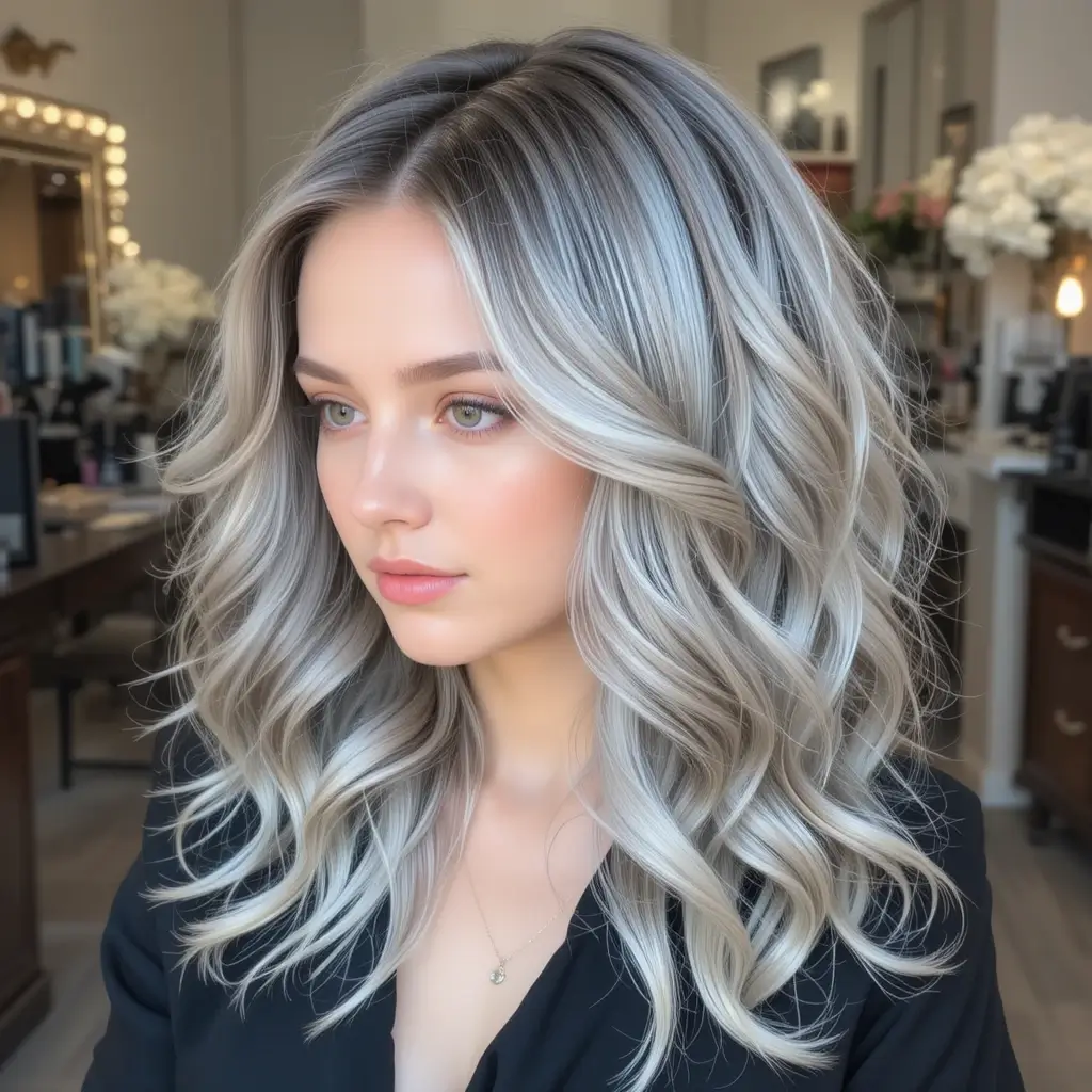 Soft Curls with Silver Balayage