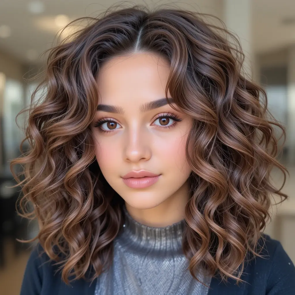 Soft Mocha Lowlights in Light Brown Curls