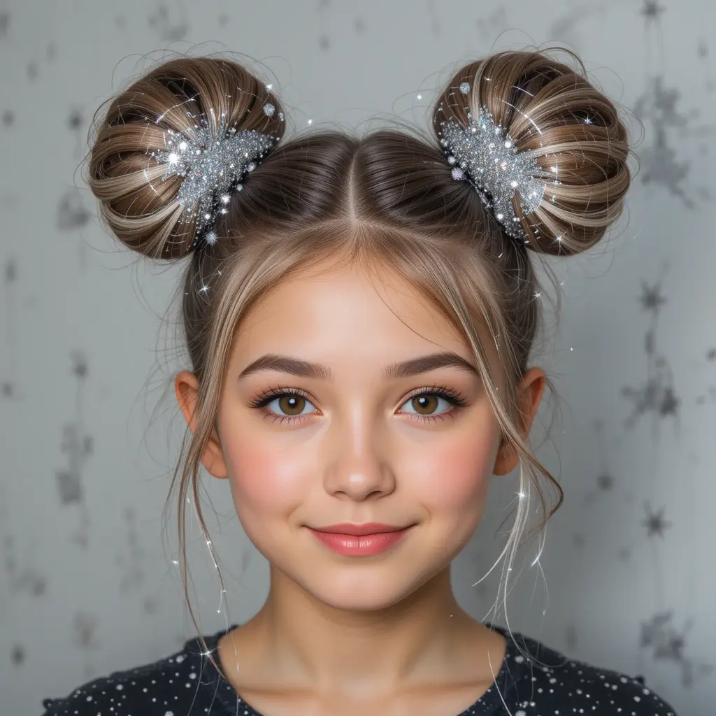 Space Buns with Silver Glitter Highlights