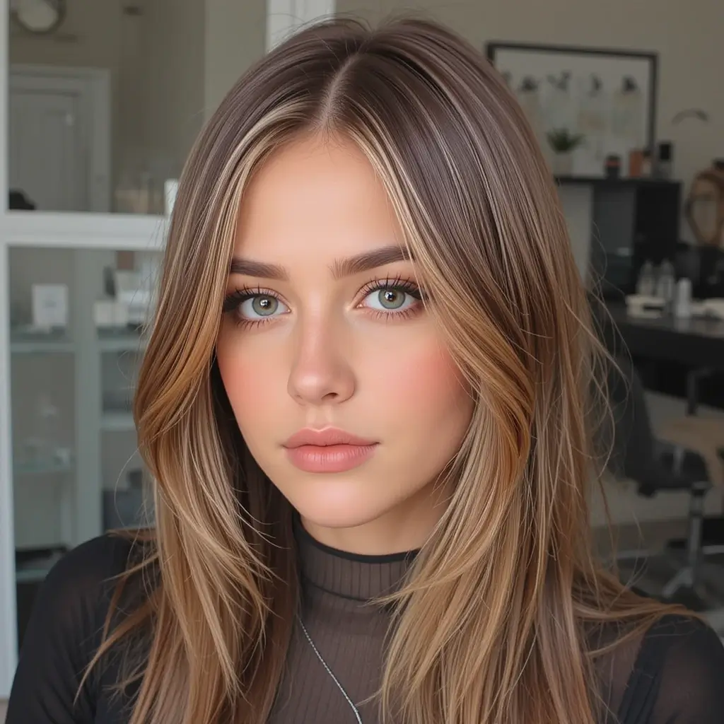 Straight Brown Hair with Chunky Caramel Highlights