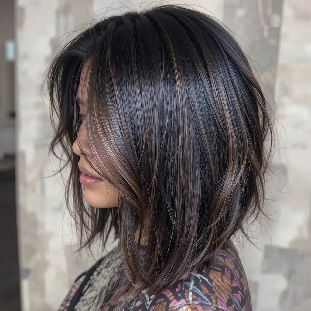 Subtle Brown Peekaboo Highlights in Black Hair