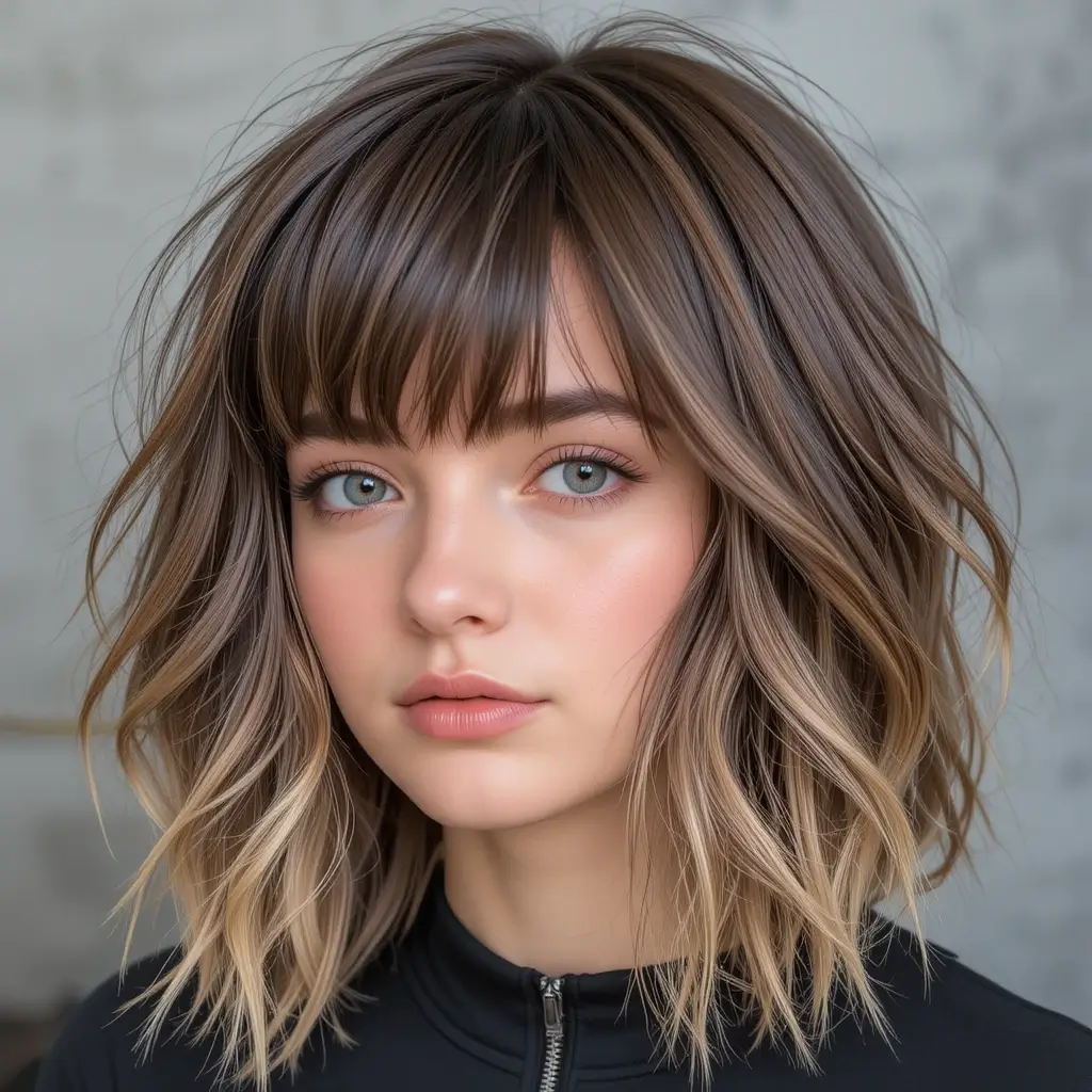 Textured Wolf Cut with Grown-Out Curtain Bangs