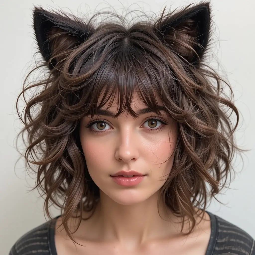 Tousled Curly Wolf Cut with Bangs