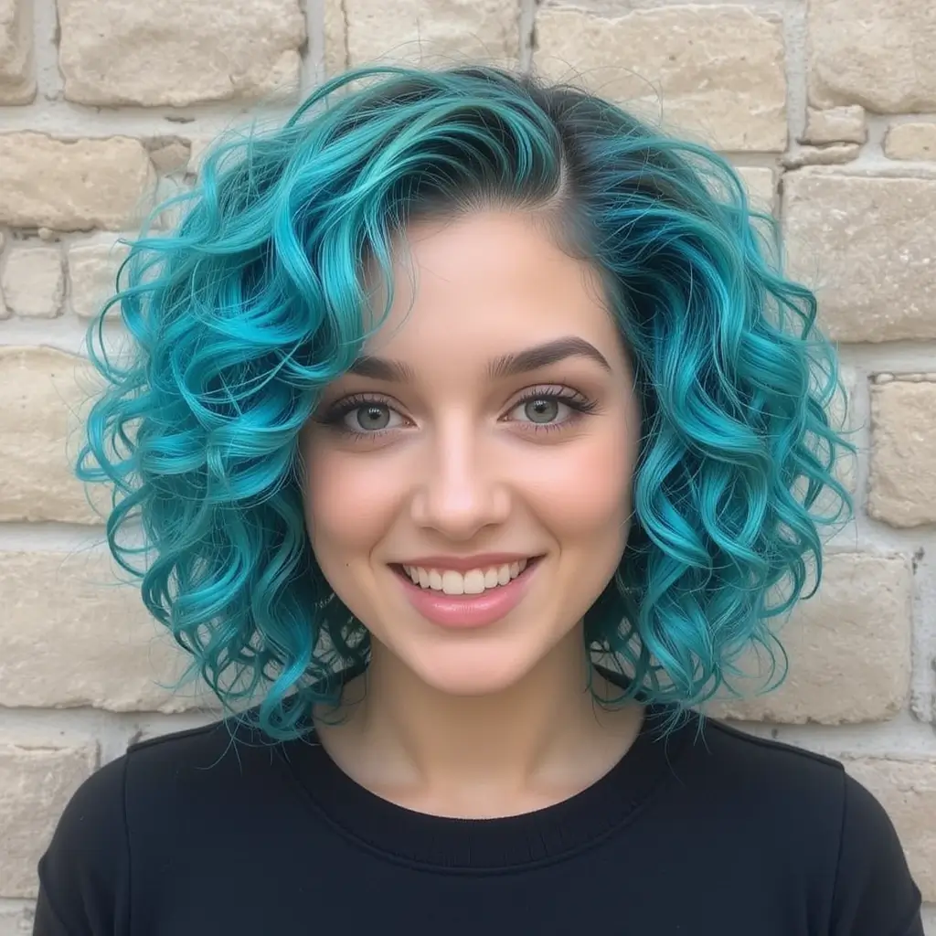 Turquoise Peekaboo in Curly Bob