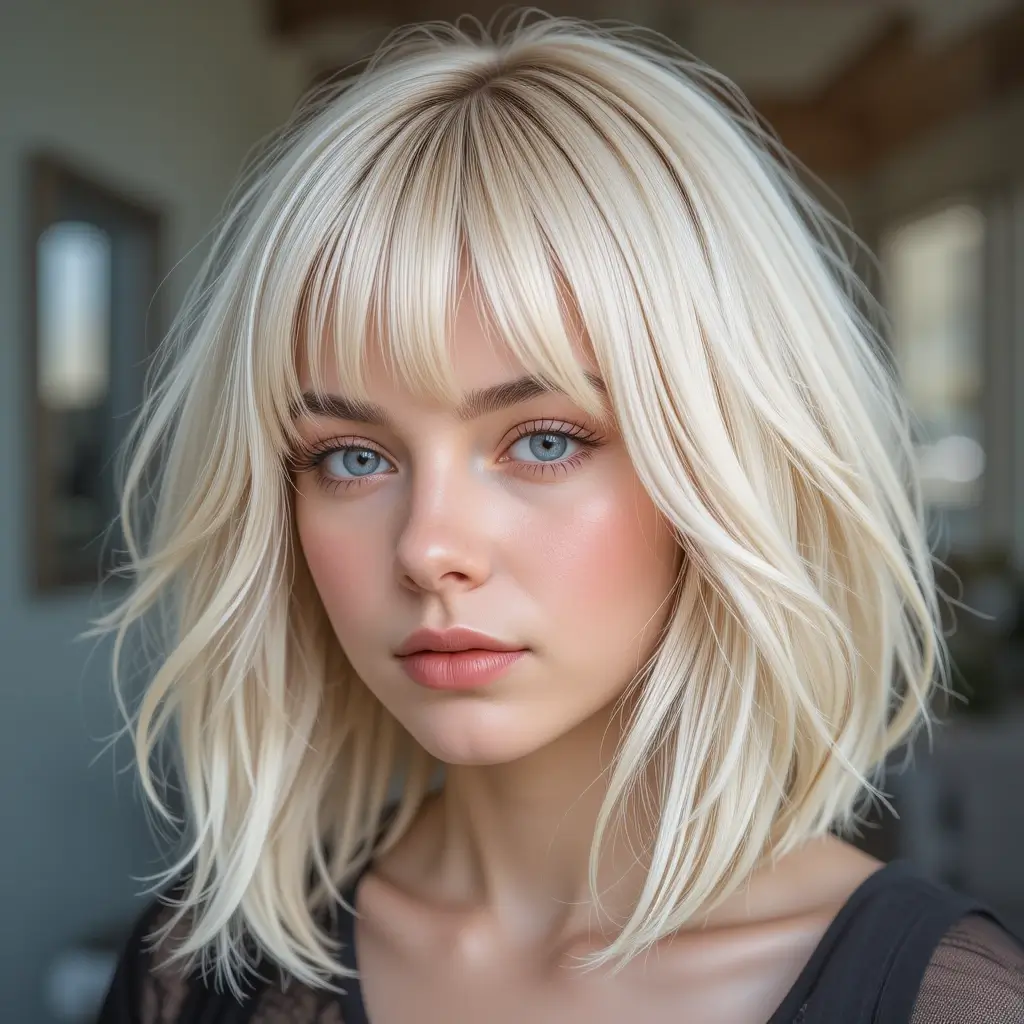 Vanilla Blonde Wolf Cut With Full Bangs