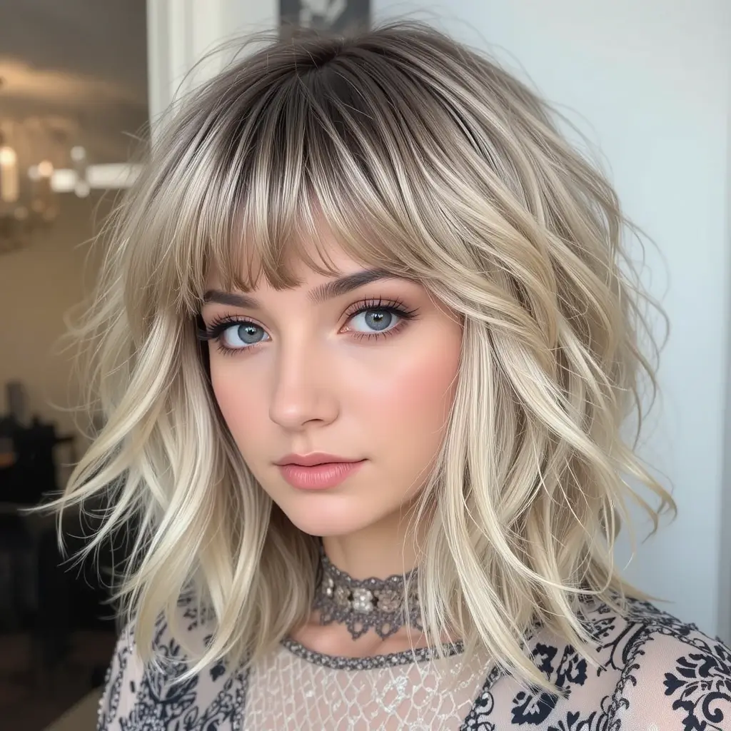 Voluminous Shaggy Wolf Cut with Arched Bangs