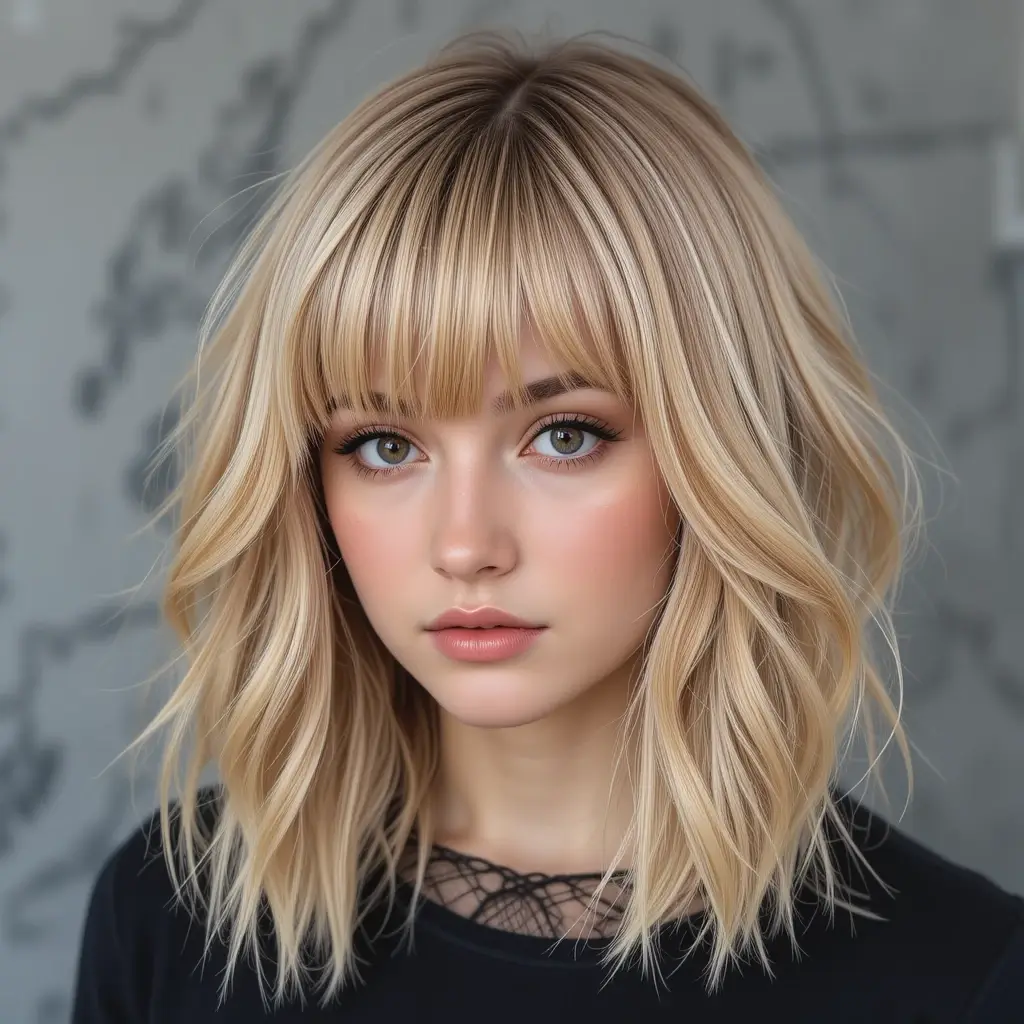 Warm Blonde Wolf Cut With Voluminous Bangs