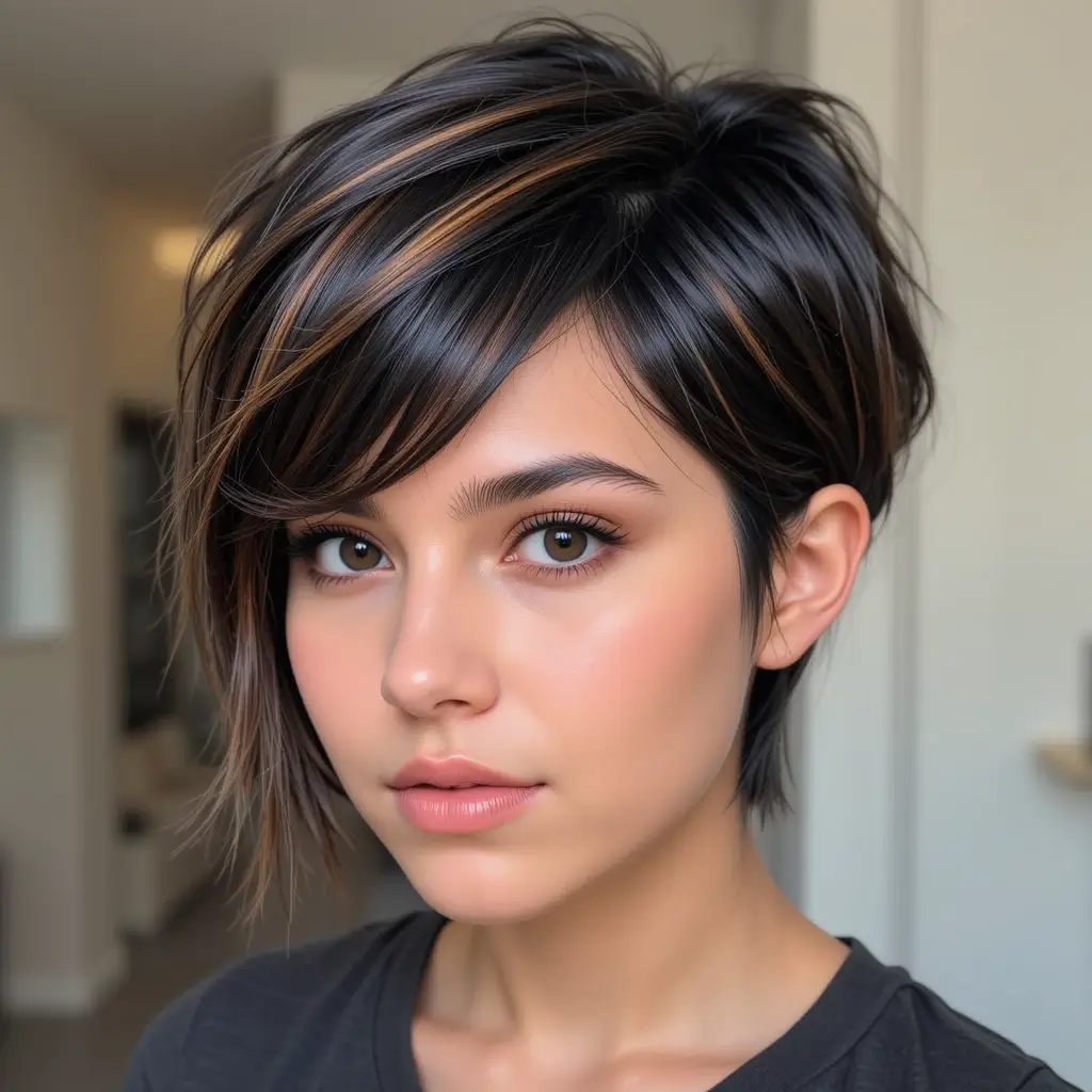 Warm Brown Streaks on Short Black Hair