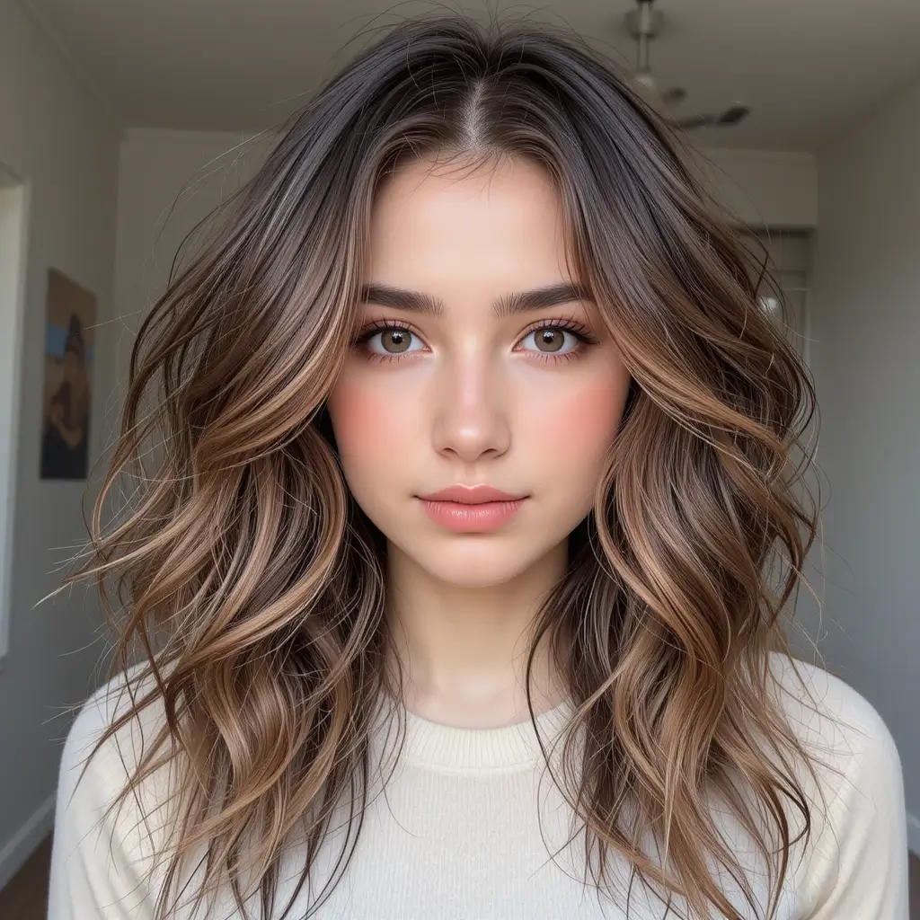 Warm Caramel Highlights on Layered Brown Hair