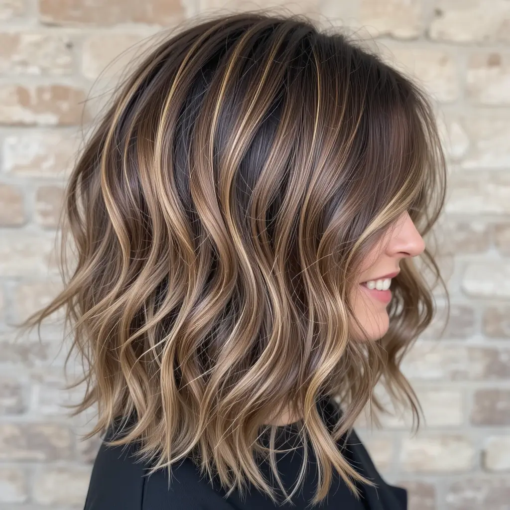 Wavy Brown Lob with Caramel Ribbons