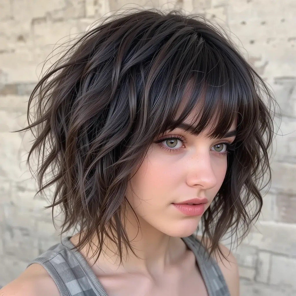 Wavy Shaggy Wolf Cut with Bangs