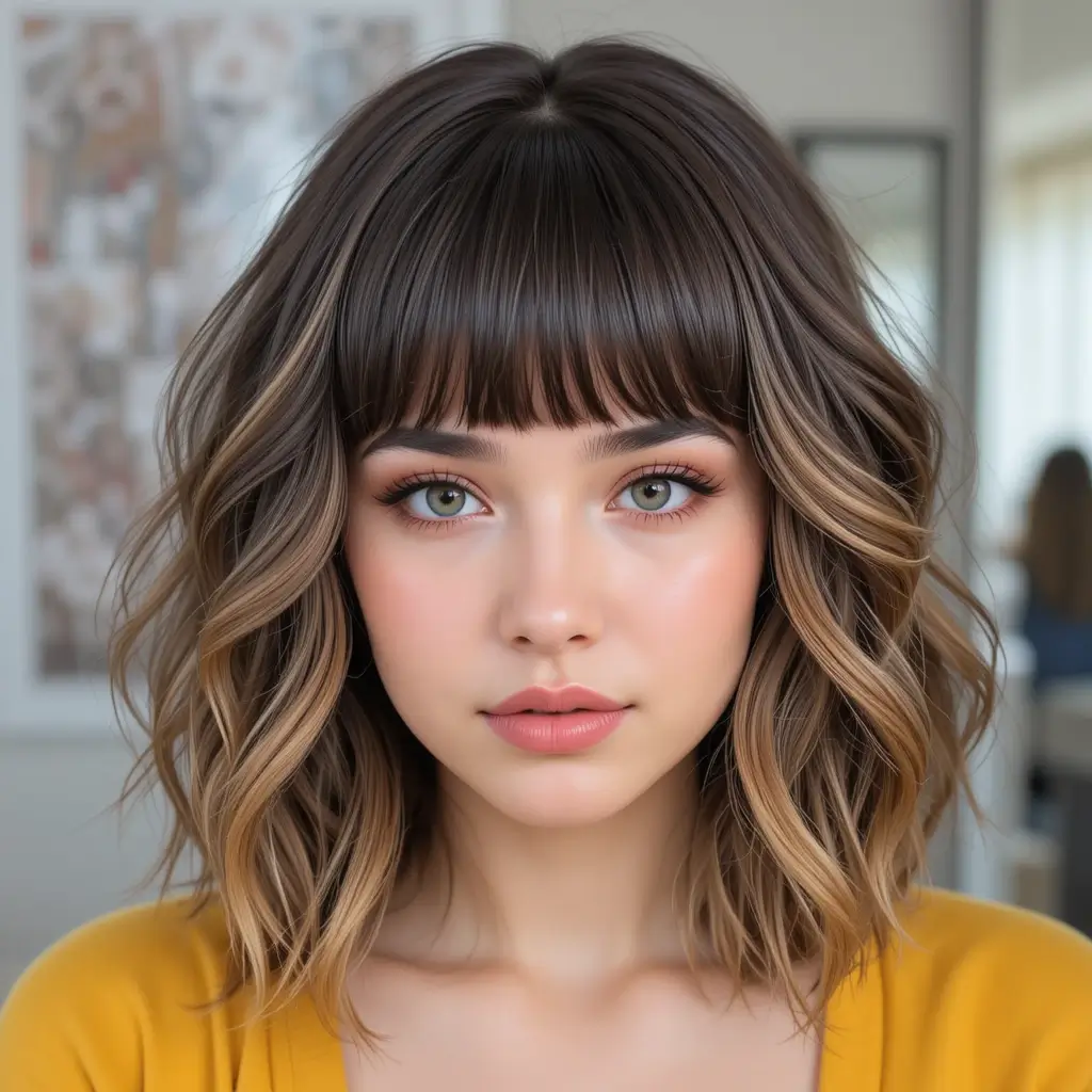 Wavy Wolf Cut With Blunt Bangs And Ends