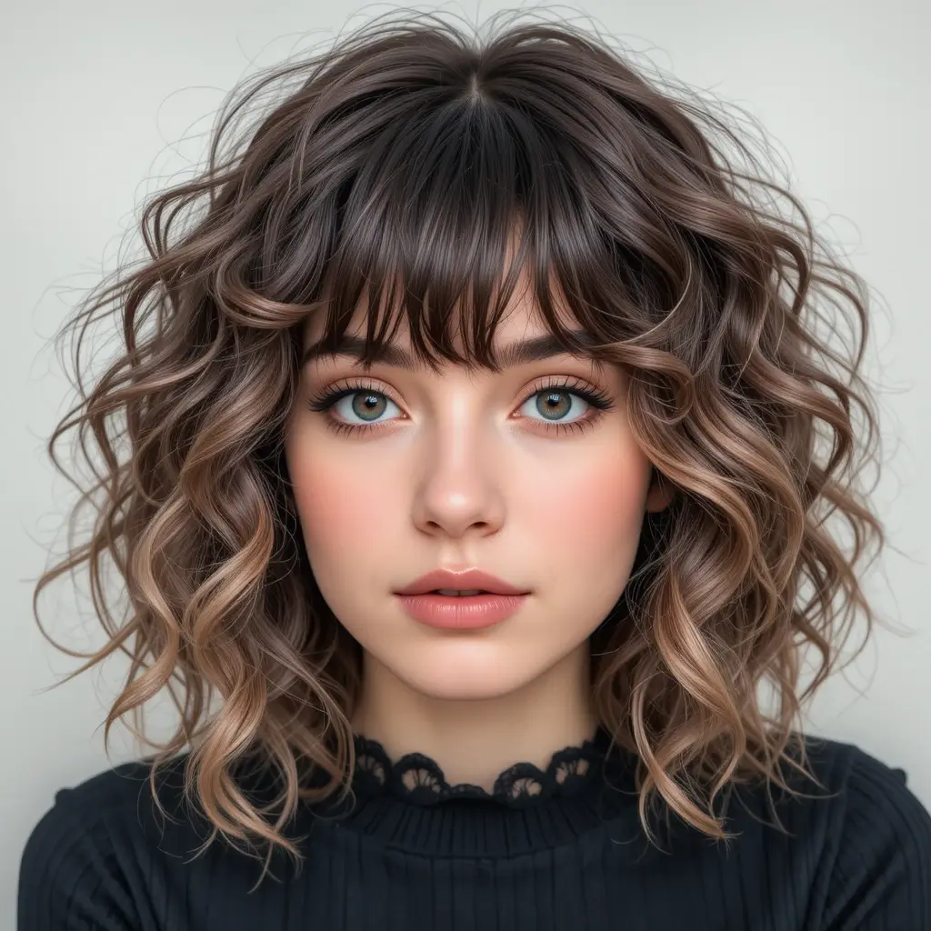 Wavy Wolf Cut With Curly Bangs