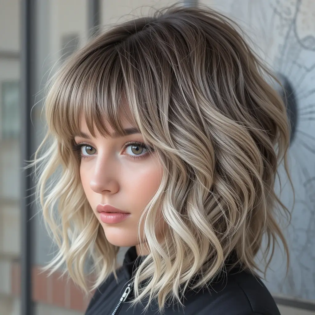 Wavy Wolf Cut With Straight Across Fringe