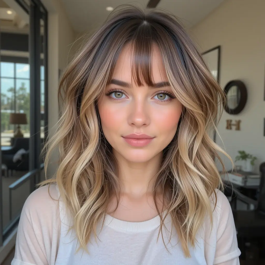 Wispy Bangs with Sandy Brunette Waves