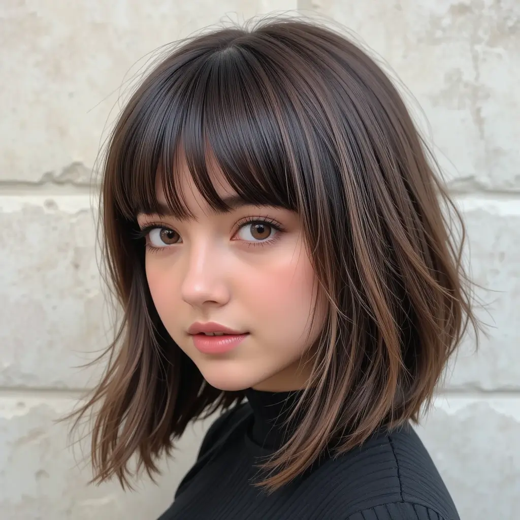 Wolf Cut with Curtain Bangs for Round Faces