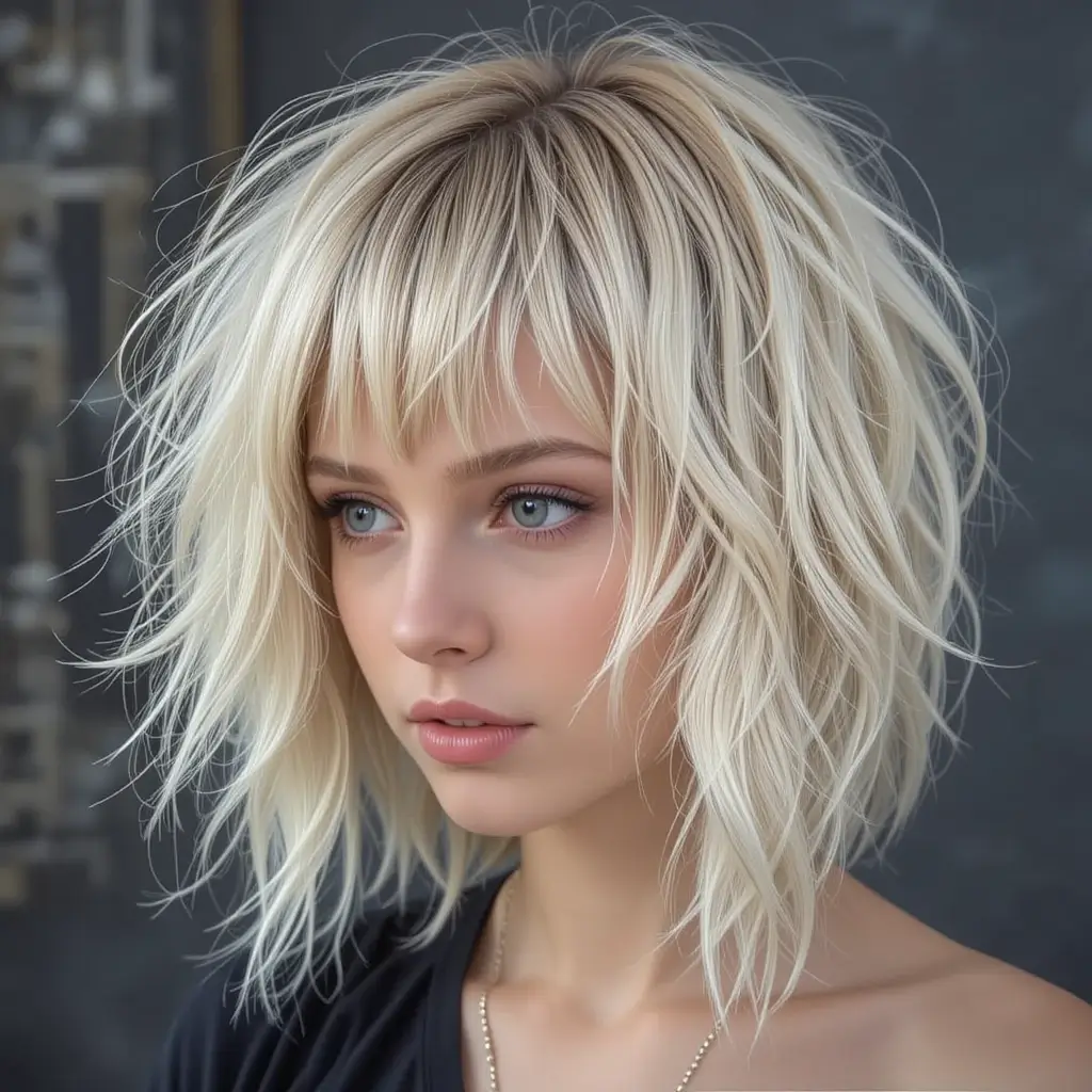 blonde wolf cut with bangs