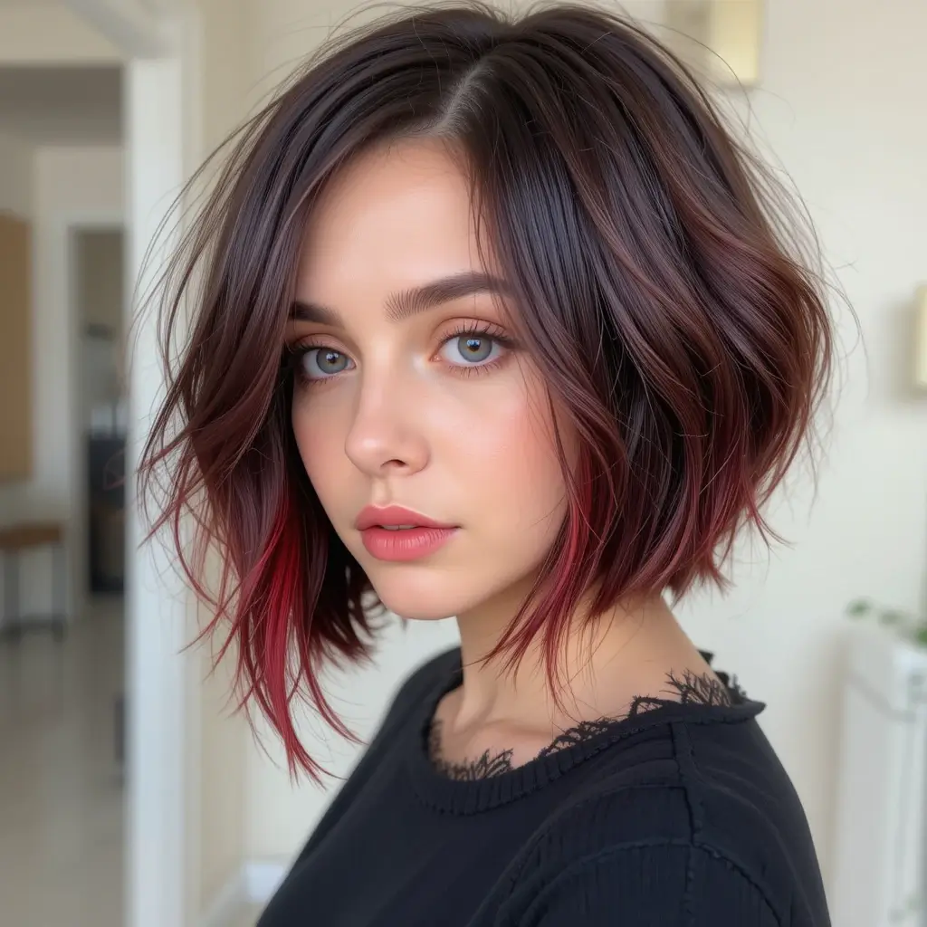 Cherry Red Peekaboo Under a Brunette Bob