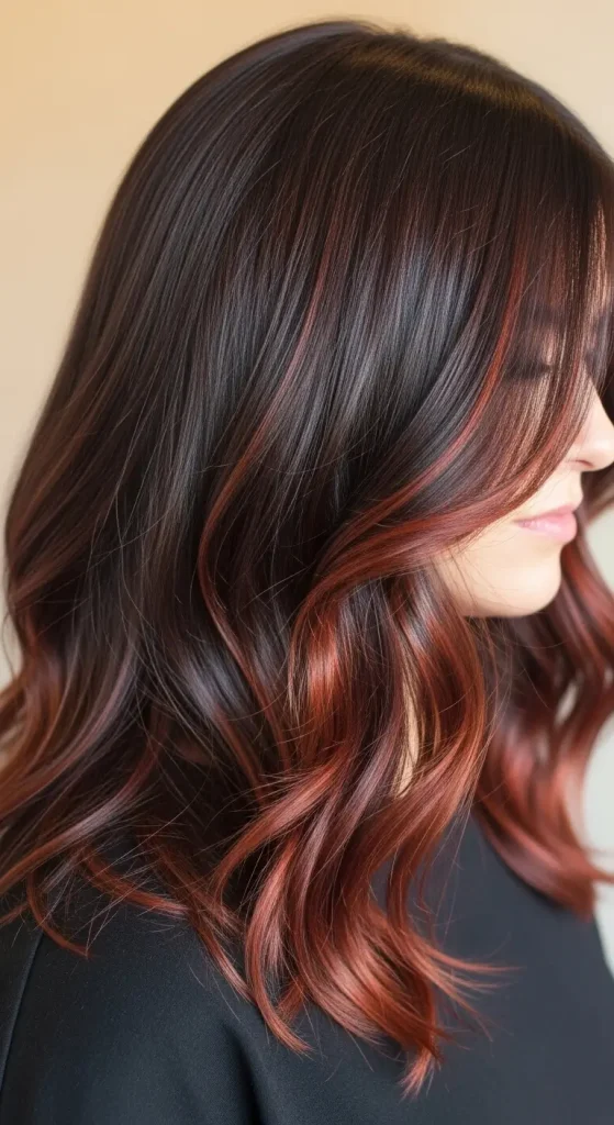 Auburn Red Highlights on Dark Brown Hair