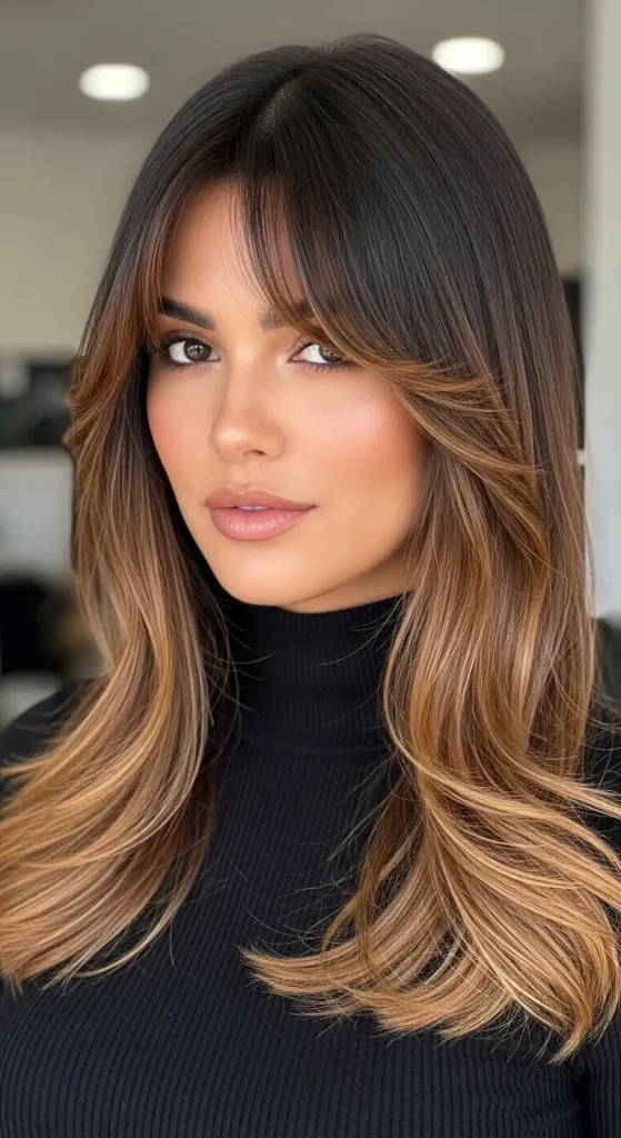 Caramel Balayage with Curtain Bangs