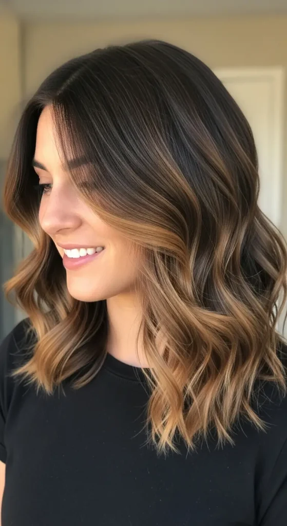 Caramel Highlights on Straight Dark Brown Hair