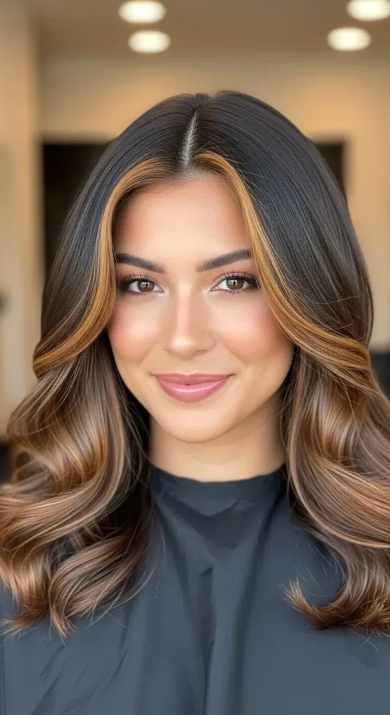 Caramel Money Piece on Dark Brown Hair