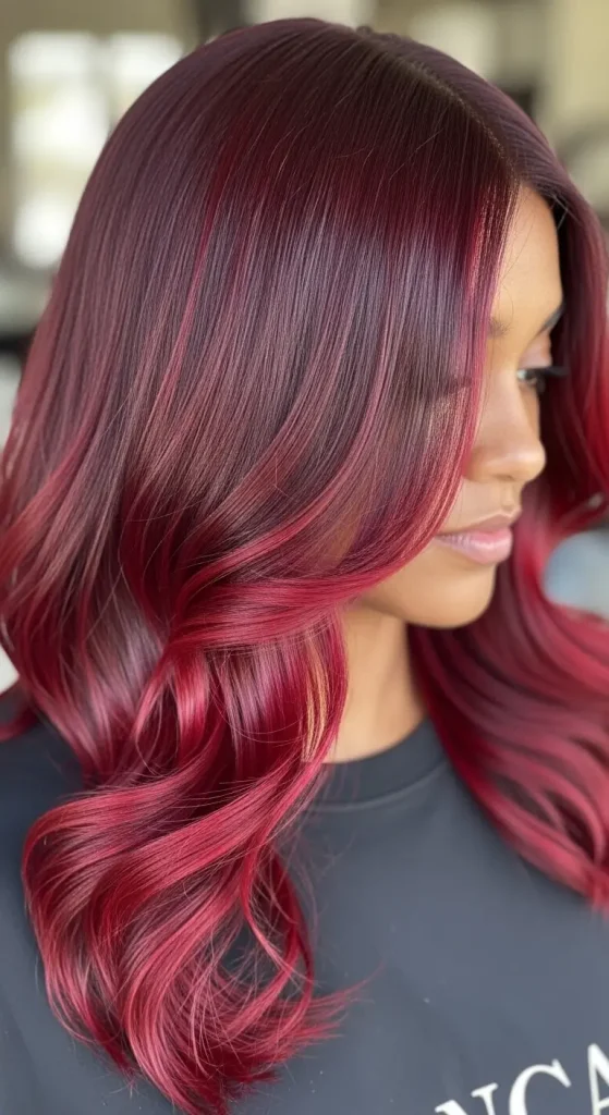  Cherry Red Balayage on Dark Brown Hair