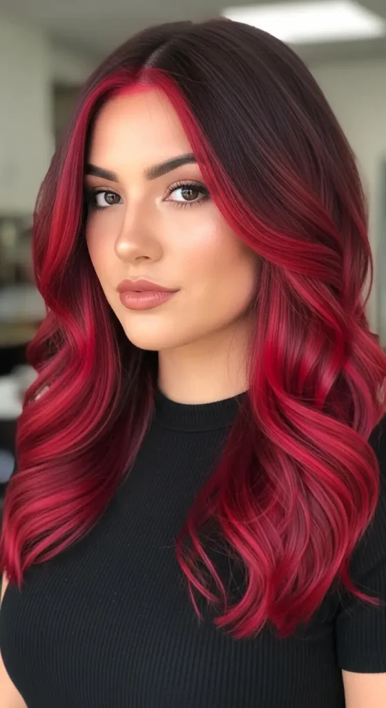  Cherry Red Highlights on Dark Brown Hair