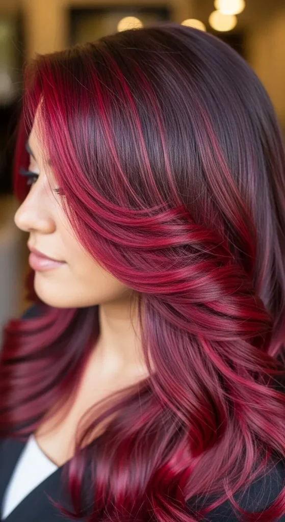  Crimson Highlights on Dark Brown Hair