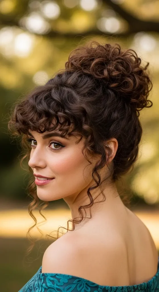 Curly Bun with Bangs