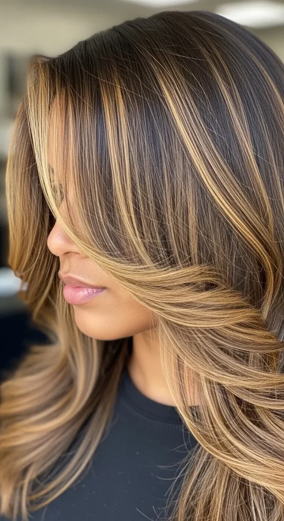 Caramel Blonde Highlights on Dark Brown Hair