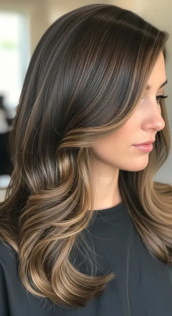 Deep Cocoa Hair with Golden Balayage Ends