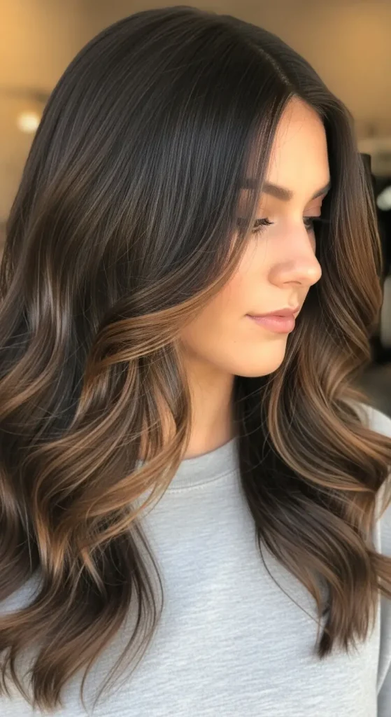  Dimensional Caramel Highlights on Dark Hair