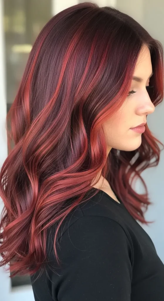 Dimensional Red Highlights on Dark Brown Hair