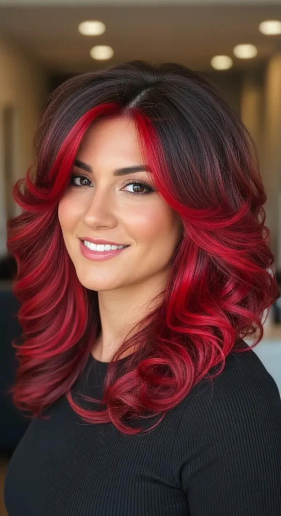 Fiery Red Highlights on Dark Brown Hair