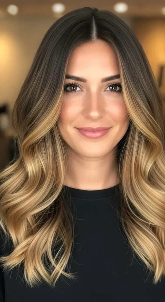  Golden Brown Balayage with Dark Roots