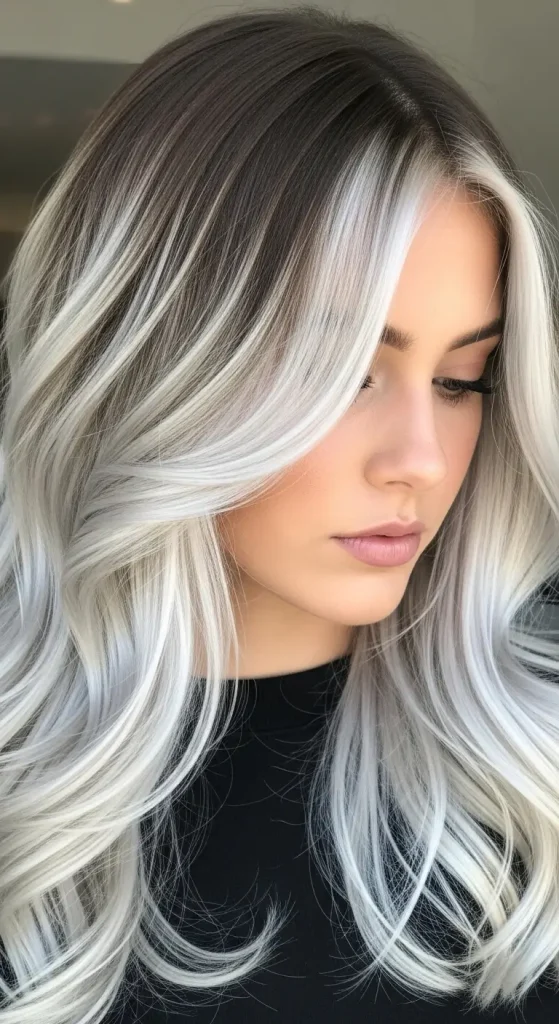  Icy Platinum Money Piece on Chocolate Brown Locks