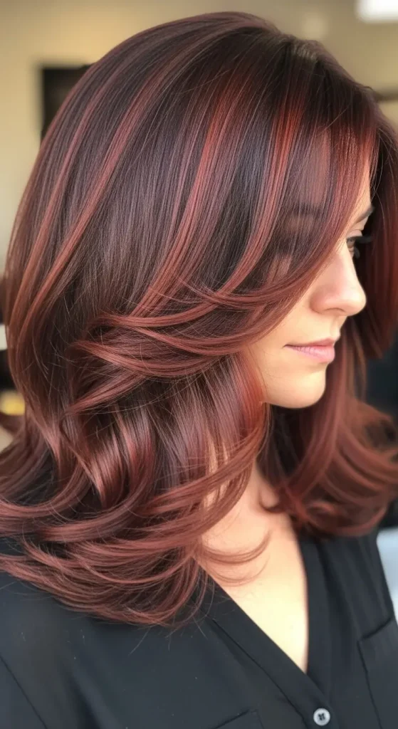 Mahogany Red Highlights on Dark Brown Hair